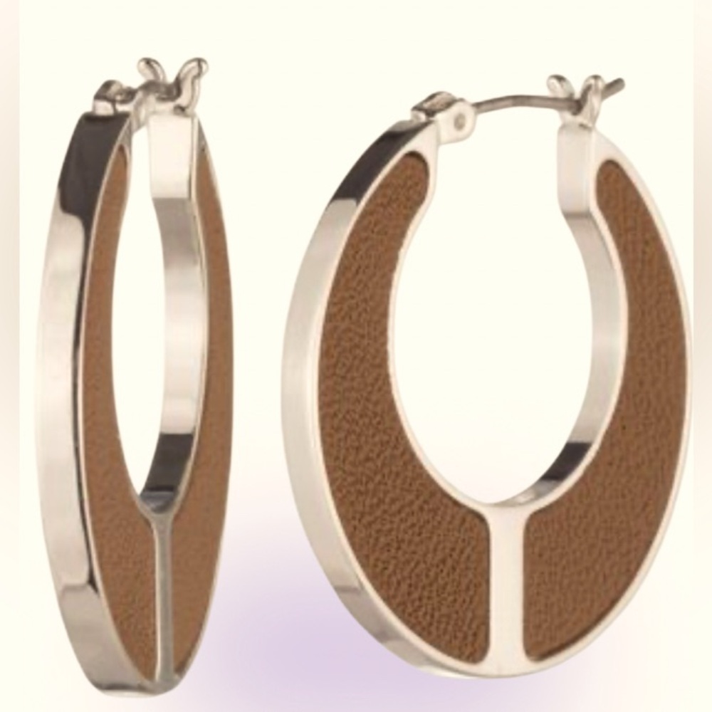 Ralph Lauren Silver and Brown Leather Hoop Earrings